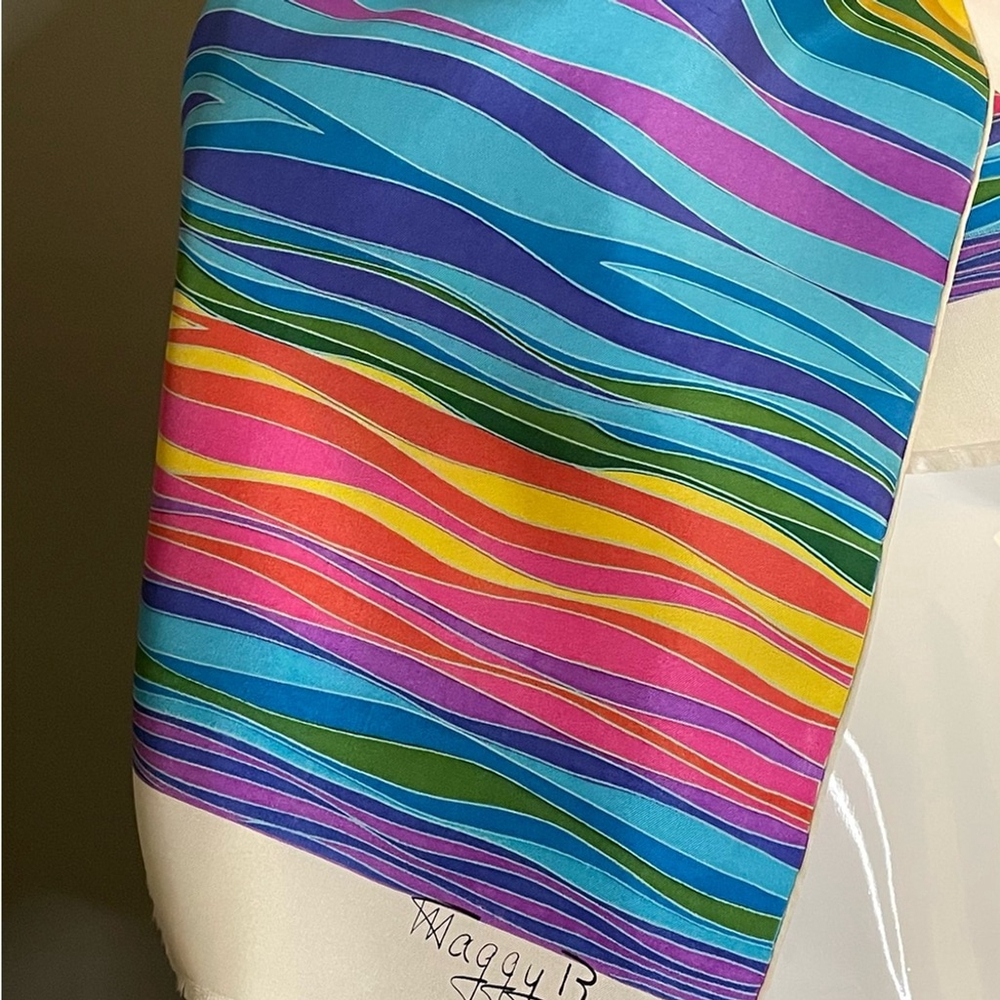 Beautiful Vintage Maggy Rouff Rainbow Silk Scarf 14 x 46 Excellent Cond Crisp - Picture 5 of 7